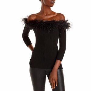 F21 Off-Shoulder Black Sweater with Feather Trim